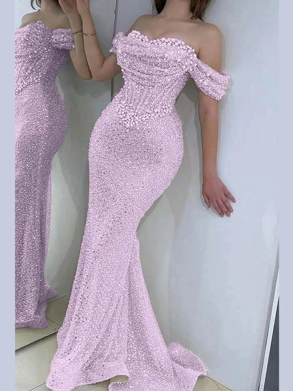 Champagne Pearl Sequin Off-the-Shoulder Mermaid Prom Dress