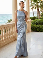 Dusty Blue Scoop Neck Evening Dress with Ruffle Mermaid Maxi Dress