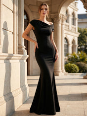 Black One Shoulder Maxi Dresses with Pleat Mermaid Formal Dress