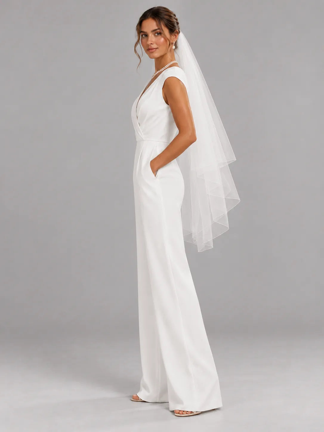 V-Neck Crossover Wide-Leg Bridal Jumpsuit