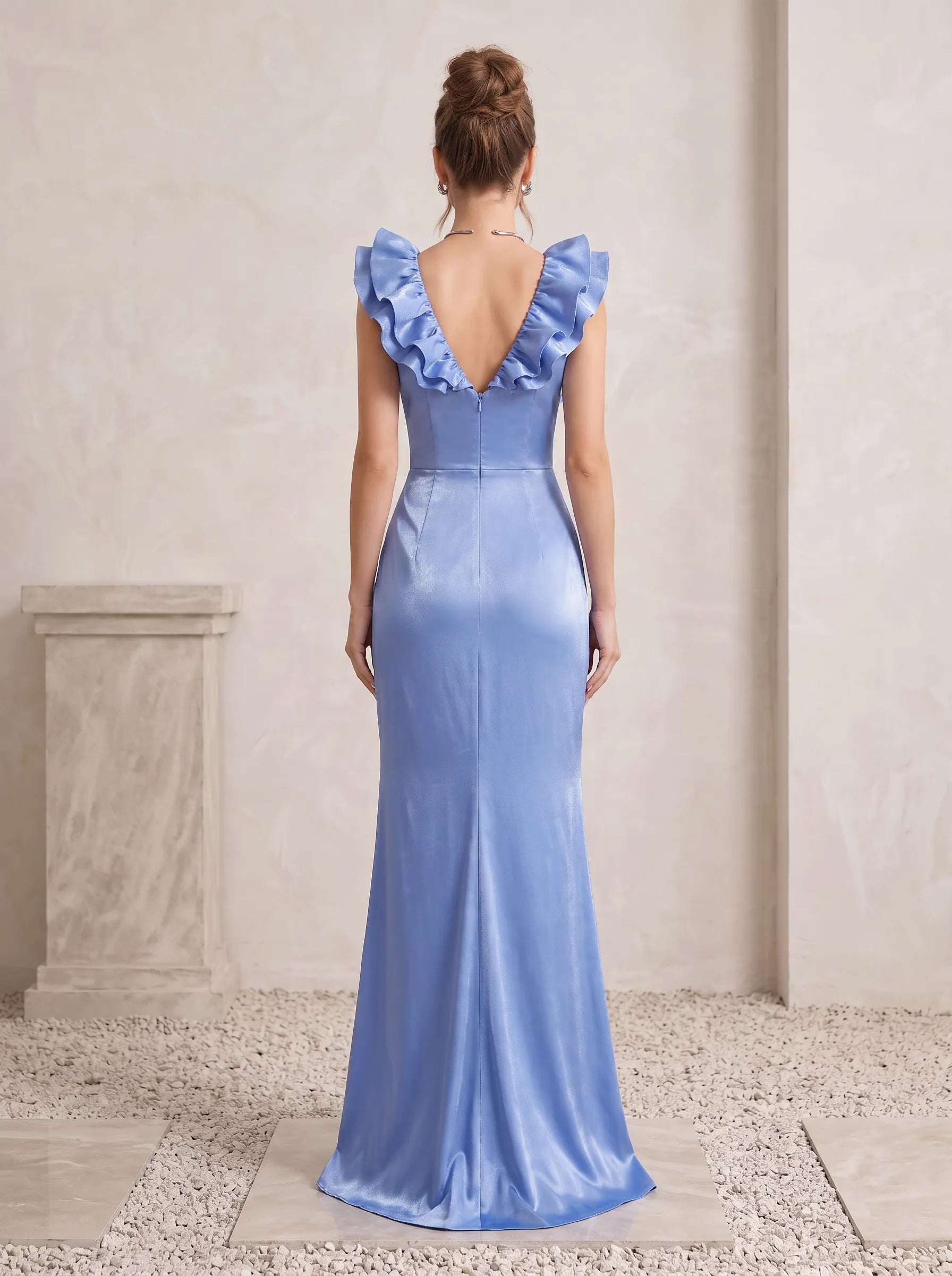 Ruffled V-Neck Satin Mermaid Slit Evening Dress with Draped Waist