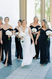 Black Mermaid Off-Shoulder Side Slit V-Neck Chiffon Long Bridesmaid Dress