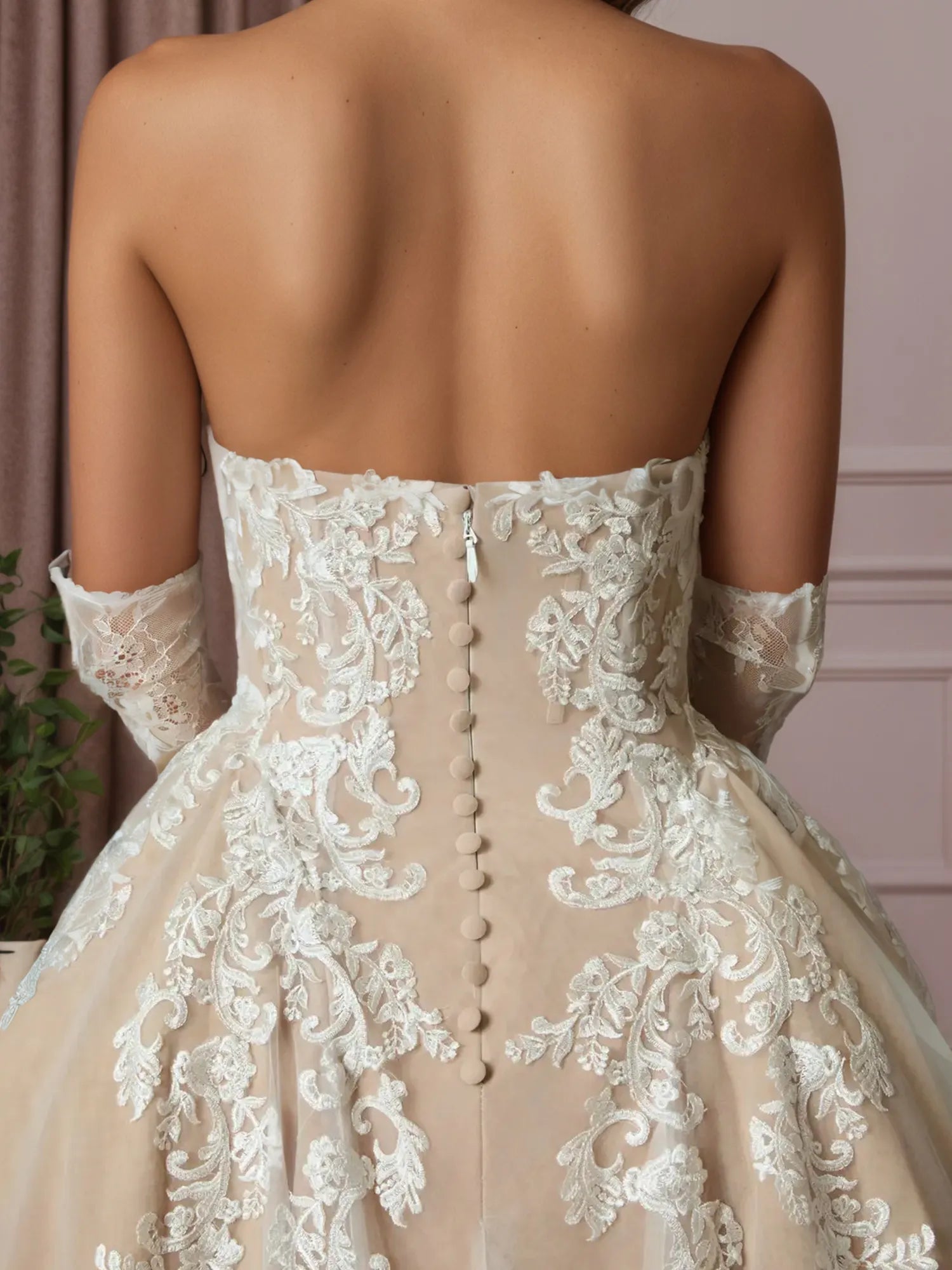 White Champagne Ball-Gown Strapless Lace Wedding Dress