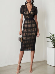 Black Mesh Plaid Classic V Neck Short Sleeve Sheath Midi Dress