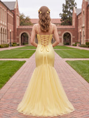 Spaghetti Strap V-Neck Satin & Tulle Mermaid Prom Dress