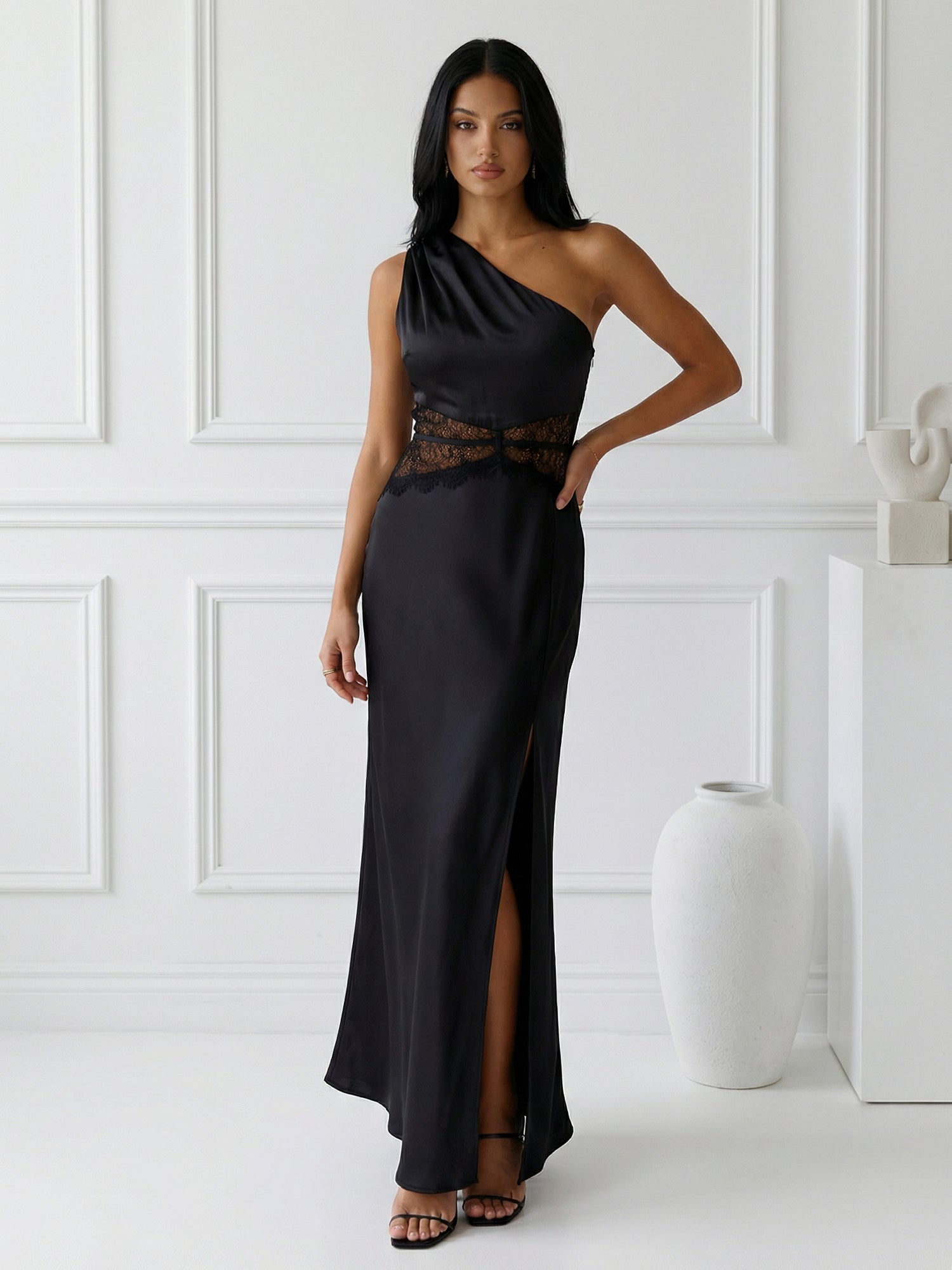 Navy Blue One Shoulder Mermaid Satin Maxi Dress with Slit
