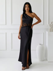 Navy Blue One Shoulder Mermaid Satin Maxi Dress with Slit