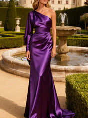 Trumpet/Mermaid Satin One Shoulder Long Sleeve Formal Dress