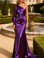 Trumpet/Mermaid Satin One Shoulder Long Sleeve Formal Dress