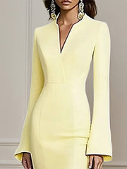 Formal Yellow V Neck Long Sleeves Floor Length Dress With Slit