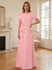 Short Sleeve Crew Neck A-Line Gown with 3D Floral Appliques Evening Dresses