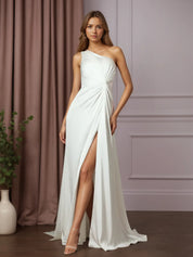 White A-Line One Shoulder Stretch Satin Wedding Dress