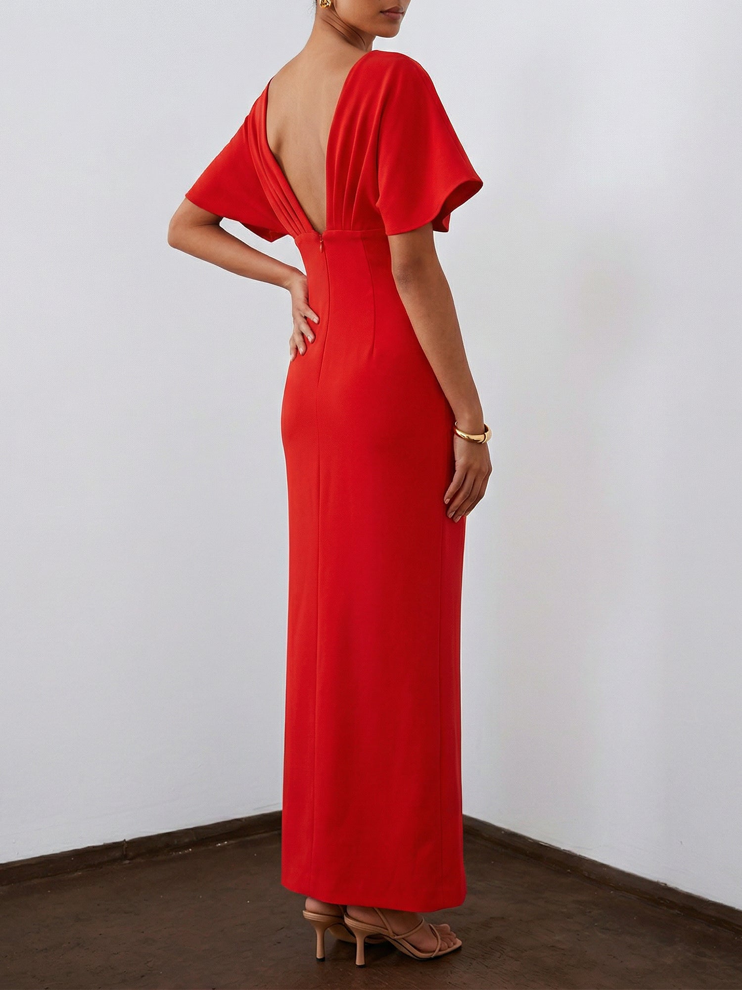 Red 3D Floral Appliqué Boat Neck Short Sleeve Backless Sheath Maxi Dress