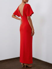 Red 3D Floral Appliqué Boat Neck Short Sleeve Backless Sheath Maxi Dress