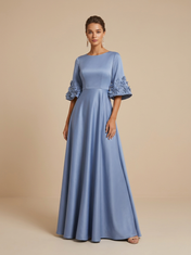 Solid Satin A-Line/Princess Bateau Neck Floor-Length Evening Dresses with 3D Floral Bell Sleeves