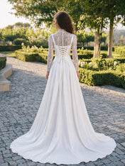 High-Neck Lace and Satin Ball Gown Wedding Dress with Basque Waist and Corset Back