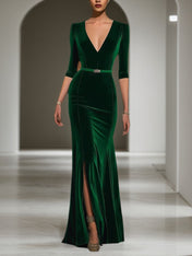 Evening Velvet Dress Green Deep V Maxi Mother of the Bride Dress