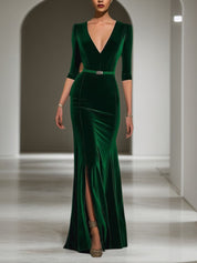 Evening Velvet Dress Green Deep V Maxi Mother of the Bride Dress