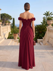 Off-the-Shoulder Draped Chiffon Evening Dress with 3D Rosettes and High Slit