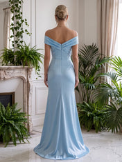Off-the-Shoulder Draped Satin Mermaid Prom Dress with High Front Slit