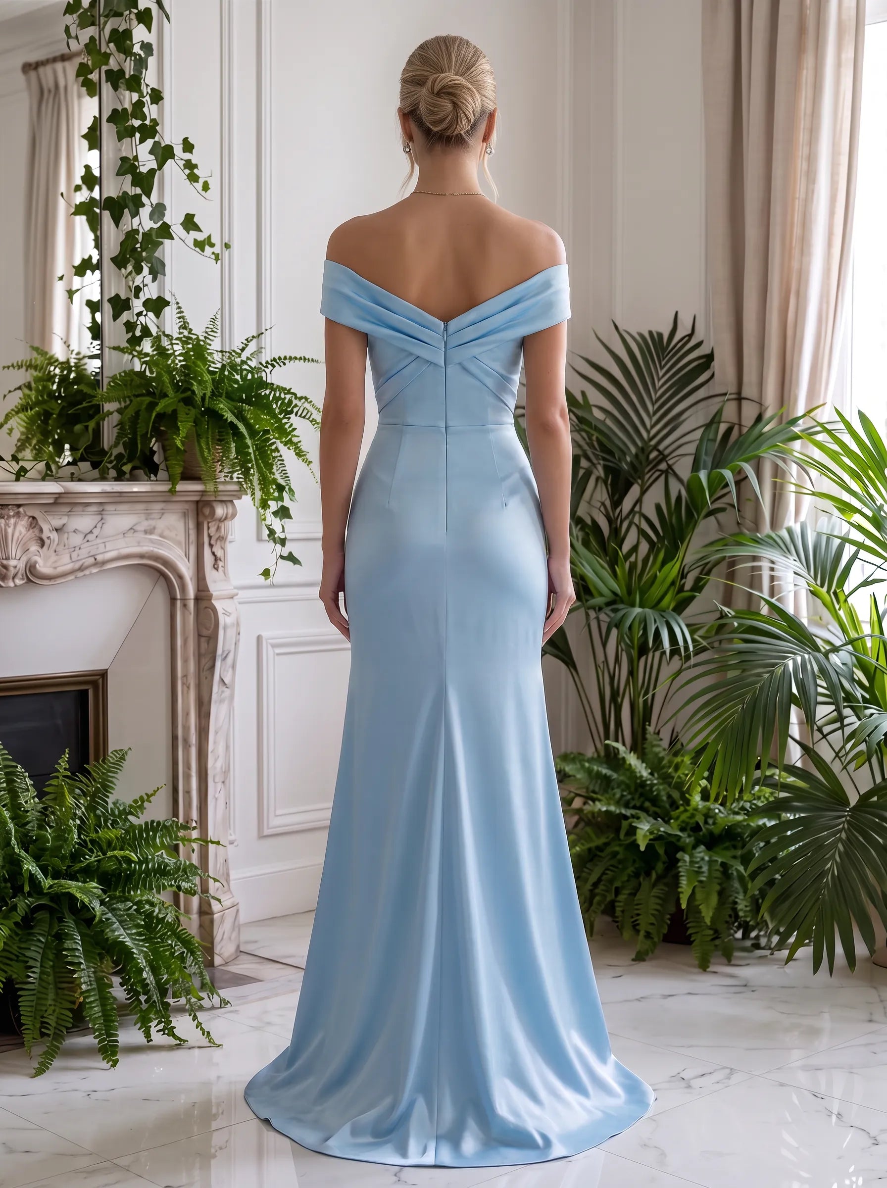 Off-the-Shoulder Draped Satin Mermaid Prom Dress with High Front Slit