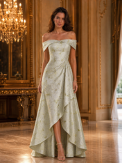 Bardot Neck Sage Green Brocade Floor-Length Evening Dresses with High-Low Hem