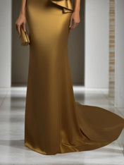 Formal Evening Dress Golden V Neck Maxi Satin Dress