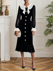 Black Split Joint Ruffled Mermaid Midi Velvet Dress