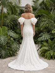 Off-the-Shoulder Puff-Sleeve Embroidered Mermaid Wedding Dress with Sweep Train