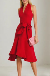 Cocktail Party Red V Neck Lace Up Knee Length Dress