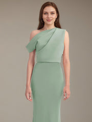Mist Green Satin One Shoulder Sleeveless Floor Length Formal Dress