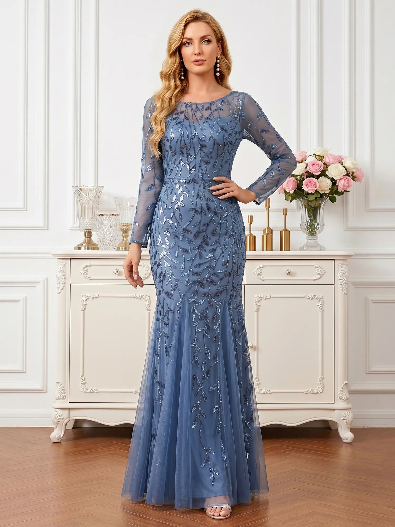 Sequin Leaf Embroidered Long Sleeve Mermaid Mother of the Bride Dress Maxi Dress