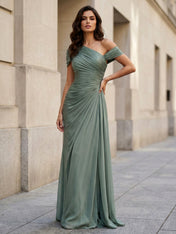 One Shoulder A Line Chiffon Evening Dress with Pleat
