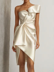 Off-White One-Shoulder Ruched Satin Sheath Mini Dress