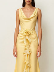 Yellow Satin Cowl Neck Sleeveless Floor Length Dress With Floral Ruffled