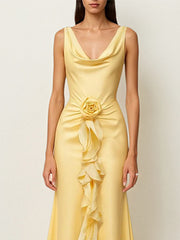 Yellow Satin Cowl Neck Sleeveless Floor Length Dress With Floral Ruffled