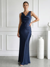 Navy Blue V Neck Mermaid Maxi Dress with Pleat