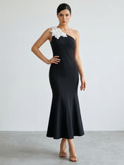 Black One-Shoulder 3D Floral Appliqué Mermaid Midi Dress