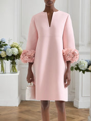 Pink 3D Floral Classic Notched Long Sleeve A-Line Midi Dress