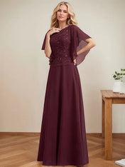 A-line Scoop Illusion Floor-Length Lace Chiffon Mother of the Bride Dress With Sequins