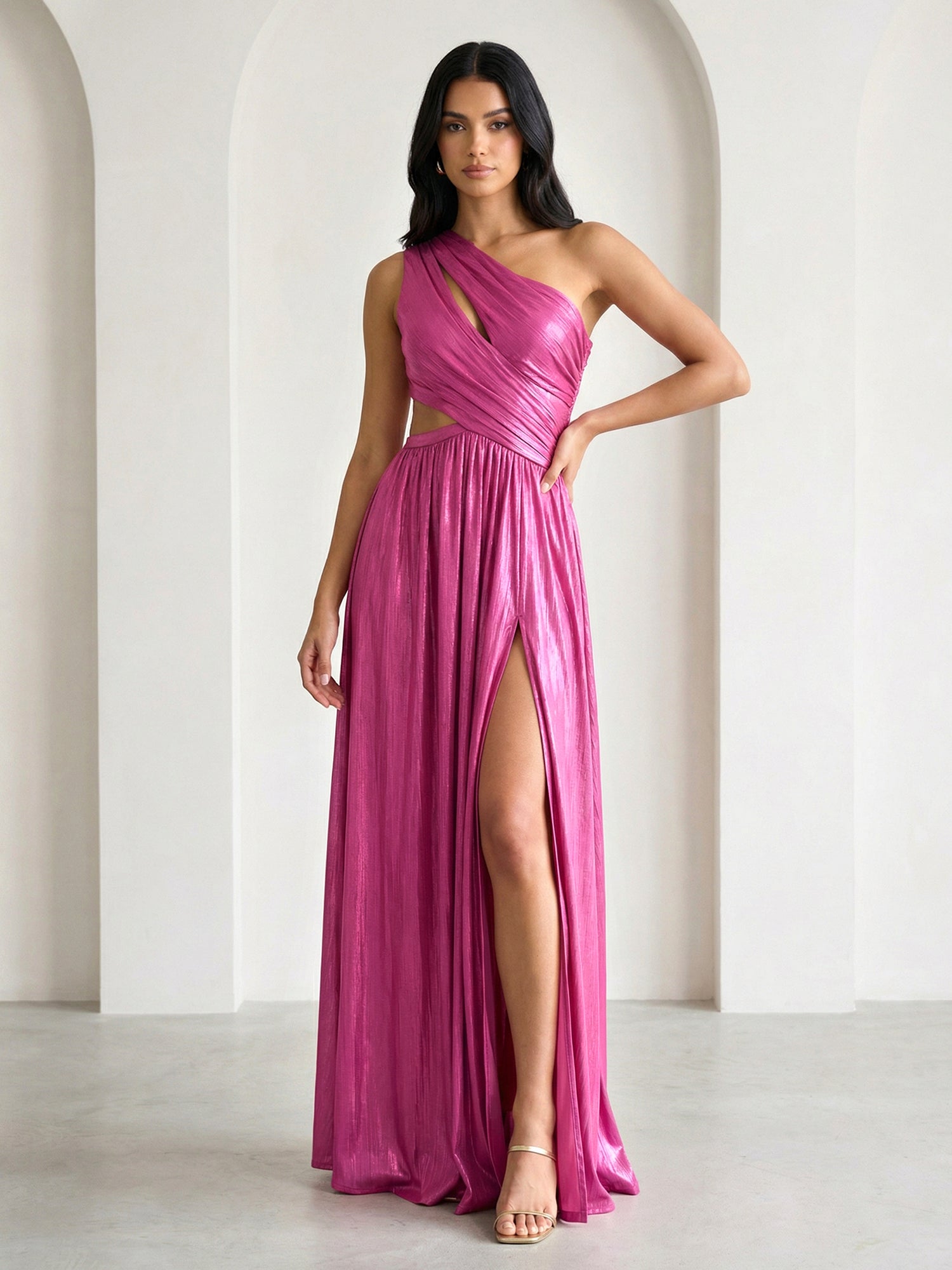 Fuchsia One Shoulder Hollowed Maxi Dress with Pleat