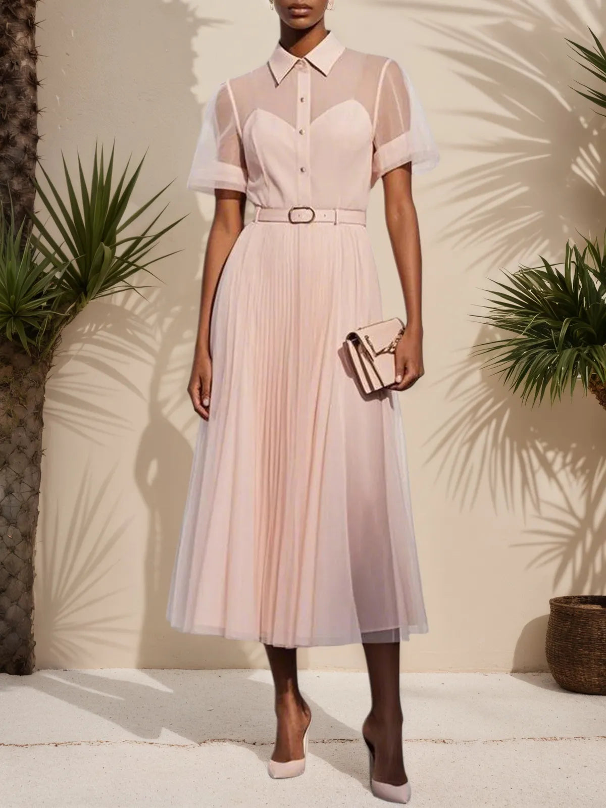 Pink Pleated Classic Shirt Collar Short Sleeve A-Line Midi Dress