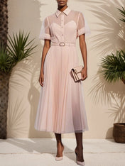 Pink Pleated Classic Shirt Collar Short Sleeve A-Line Midi Dress