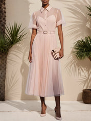 Pink Pleated Classic Shirt Collar Short Sleeve A-Line Midi Dress