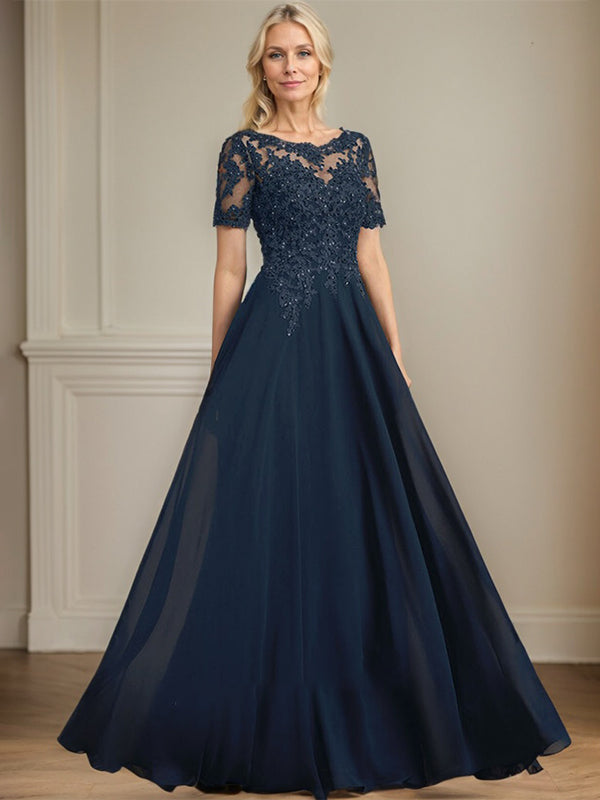 A-line Scoop Illusion Floor-Length Chiffon Lace Mother of the Bride Dress With Sequins Beading