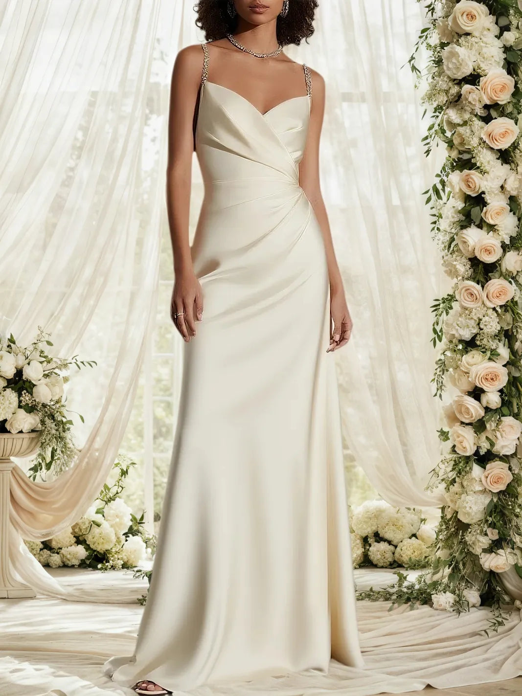 Beige Ruched Satin Spaghetti Gallus A-Line Gown Bridal/Wedding Dress