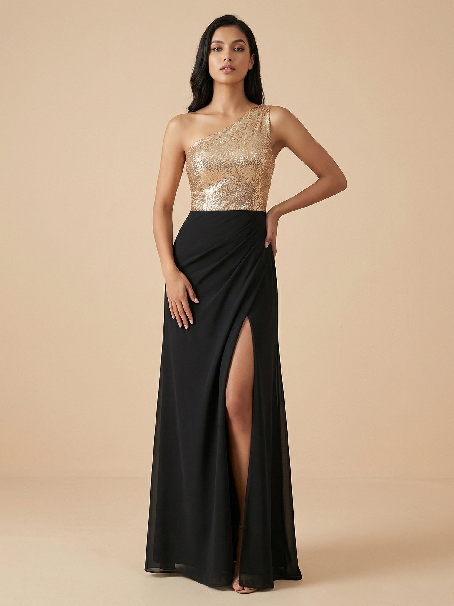 Elegant One-Shoulder Sequin Evening Gown with High Slit