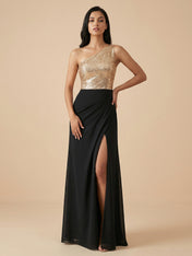 Elegant One-Shoulder Sequin Evening Gown with High Slit