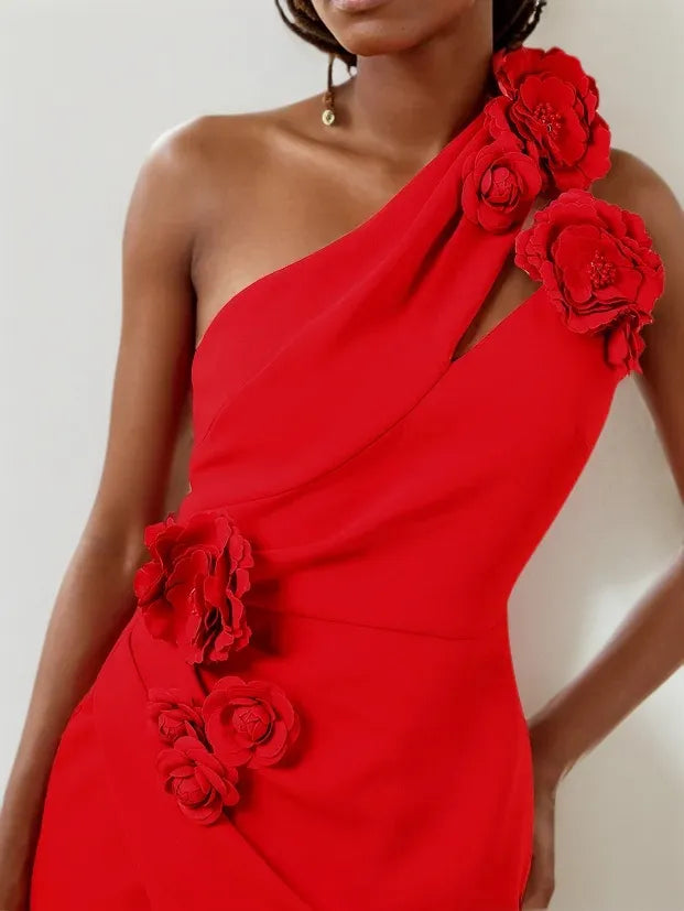 Red 3D Floral One-Shoulder Sheath Midi Dress