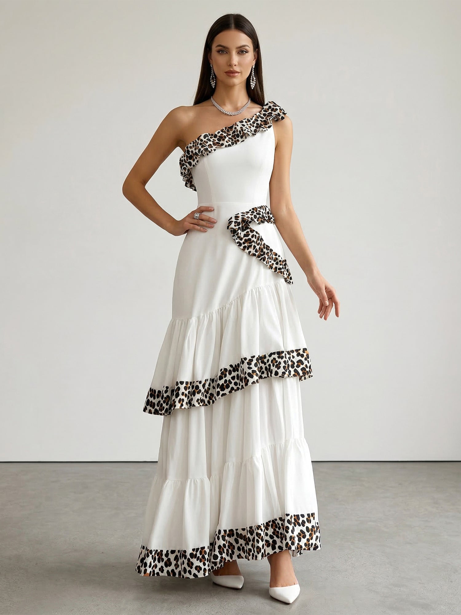 White Leopard Trim One-Shoulder Tiered Ruffle Maxi Dress